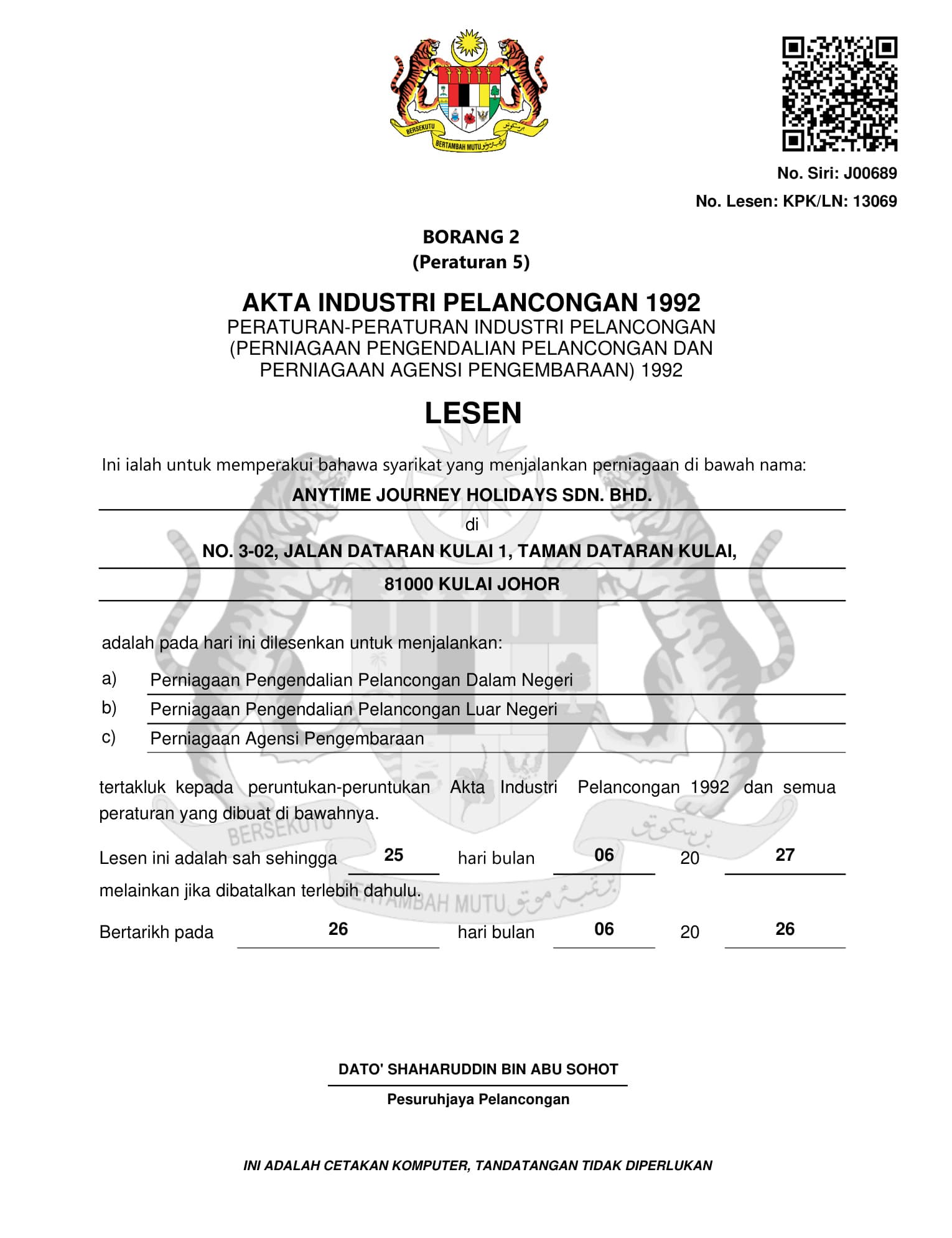 MOTAC tourism operator licence (KPK/LN 13069) — ANYTIME JOURNEY HOLIDAYS SDN BHD