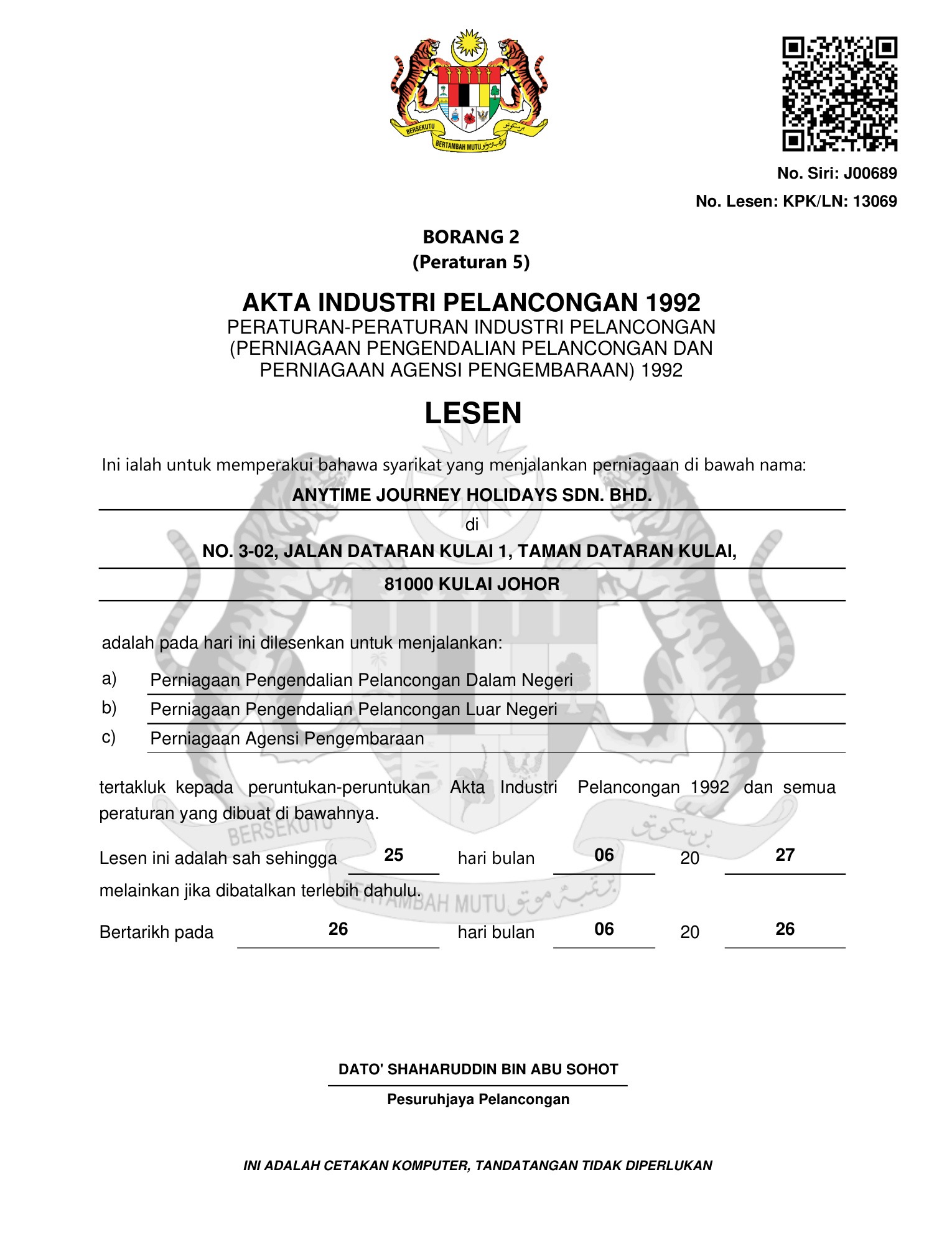 MOTAC tourism operator licence (KPK/LN 13069) — ANYTIME JOURNEY HOLIDAYS SDN BHD